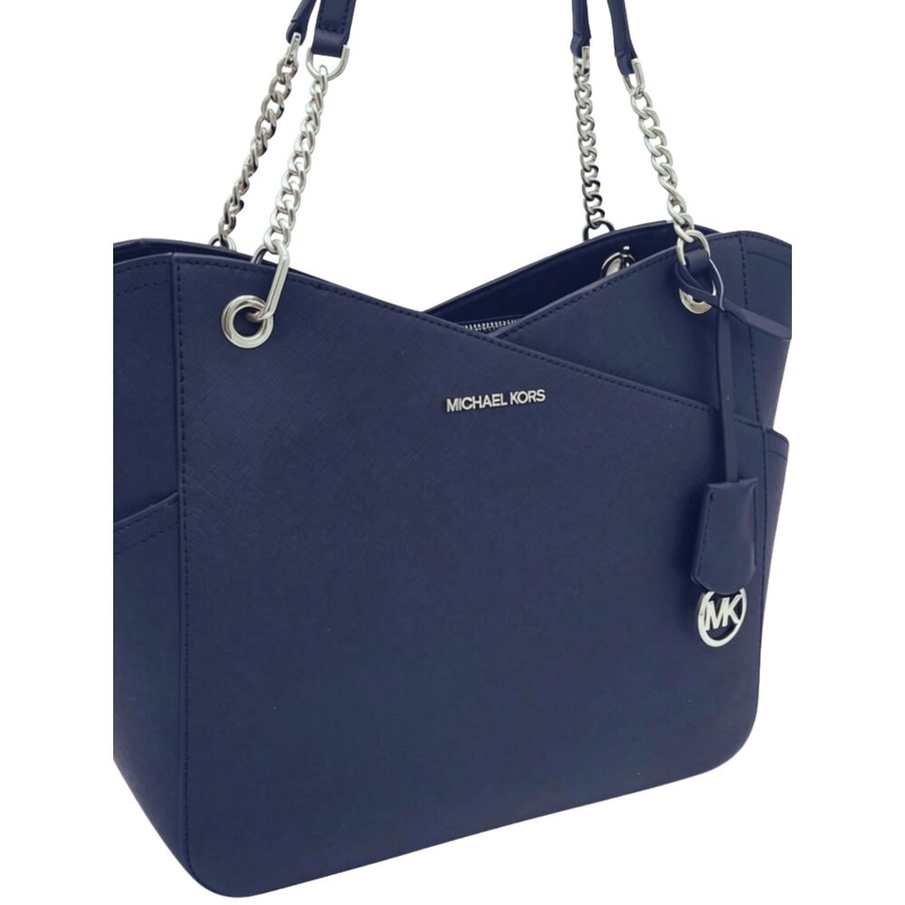 Michael Kors Jet Set Large Saffiano Leather Chain Shoulder Bag Tote Navy Blue